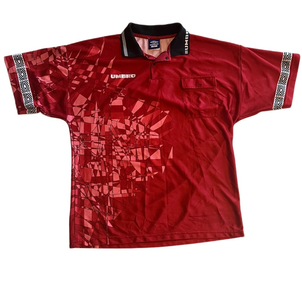 Vintage Umbro 90s Red Referee Soccer Jersey | Abstract Geometric Football Shirt